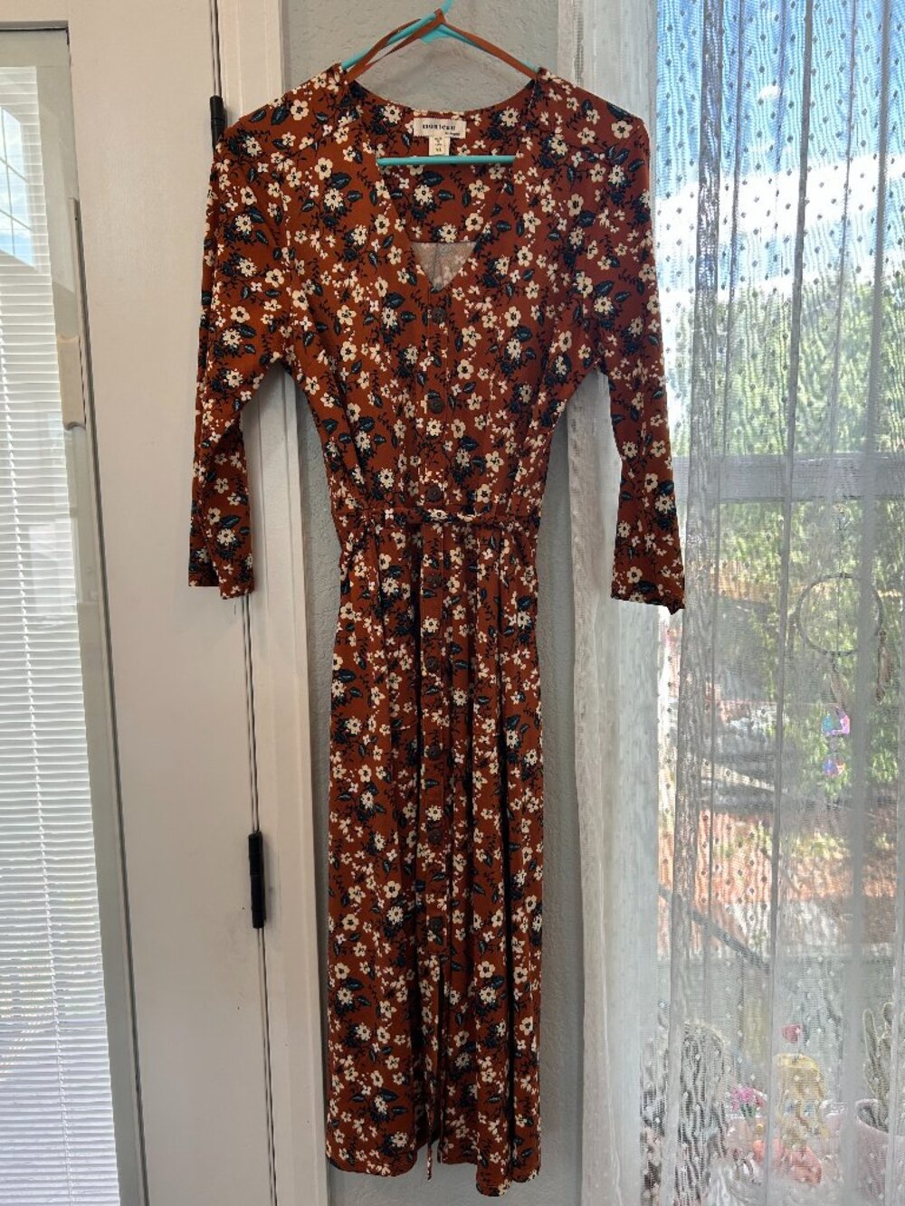 Monteau Los Angeles XL Rust Floral Button Front Midi Dress Tie Waist